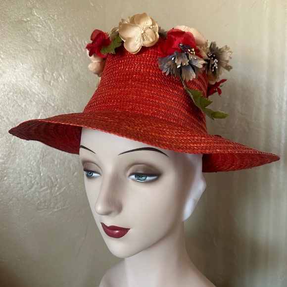 JOYFUL ITALIAN 1970s' RED STRAW HAT WITH BEAUTIFUL FABRIC FLOWERS